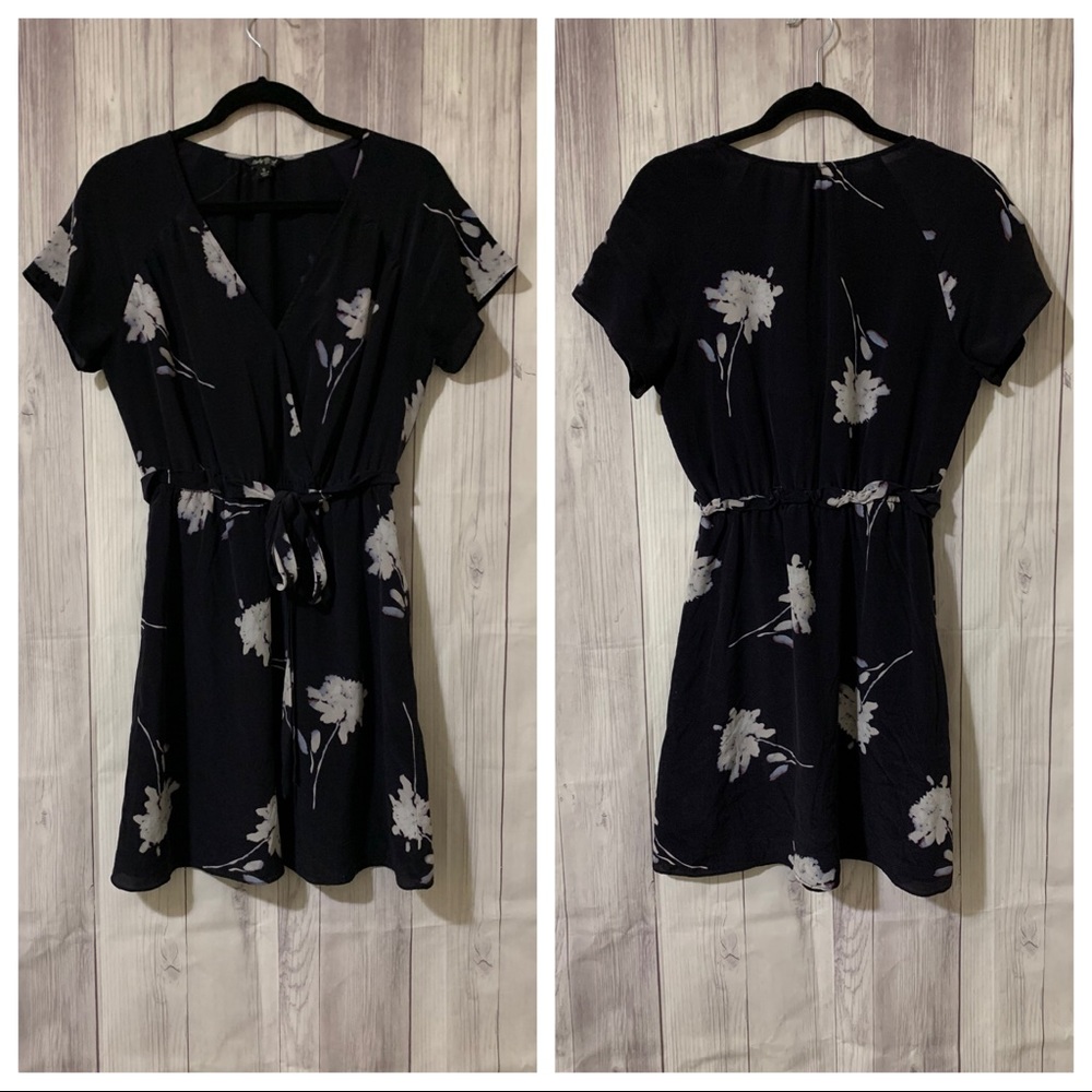 Lucky Brand | Black Floral Faux Wrap Short Sleeve Mini Dress